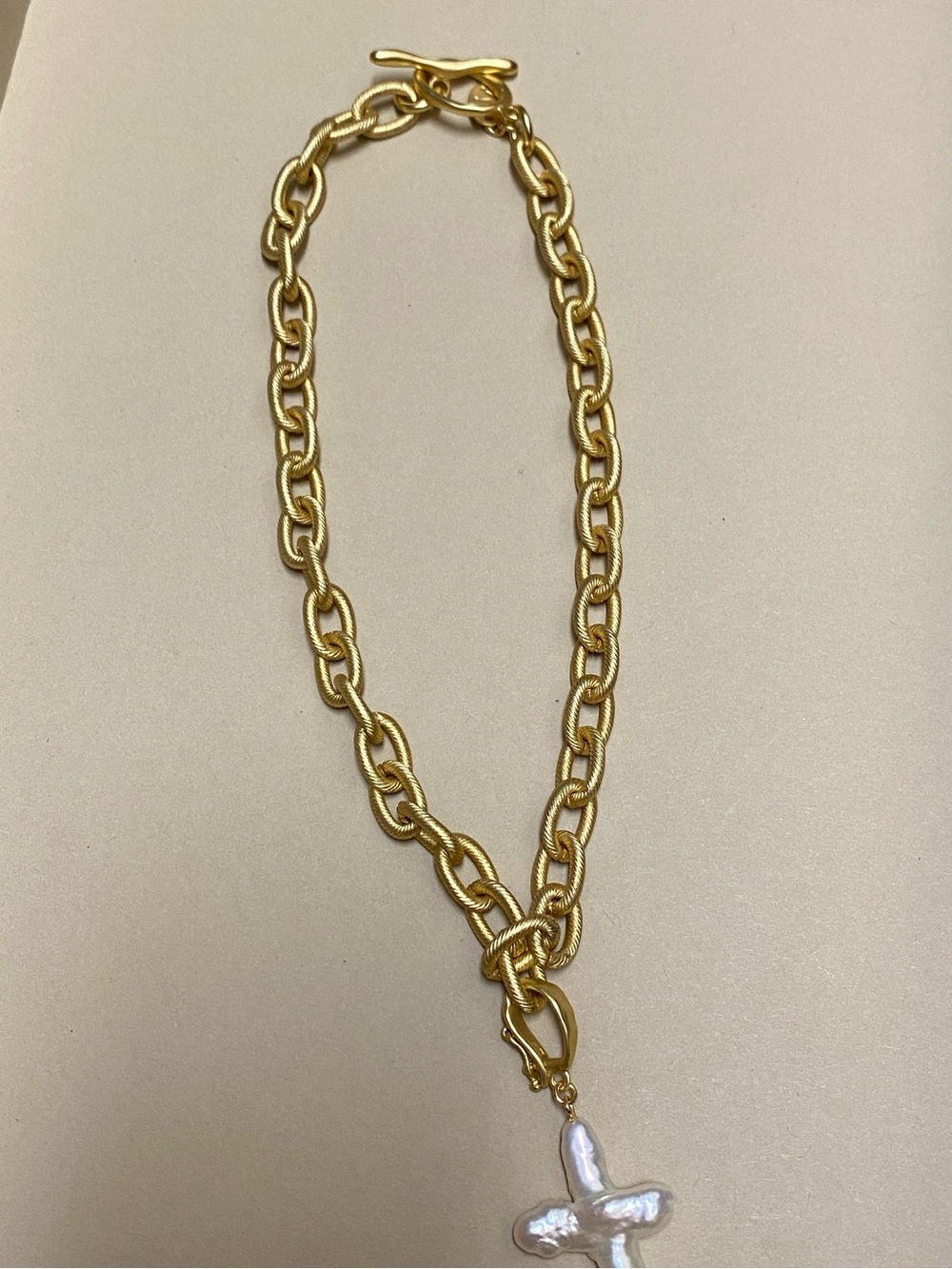 Gold Chain Necklace with White Baroque Pearl Cross Pendant - Picture 3 of 5